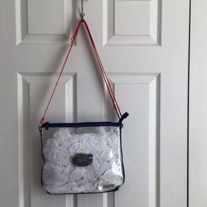 Clear Crossbody Bag with Navy Trim and Orange Strap